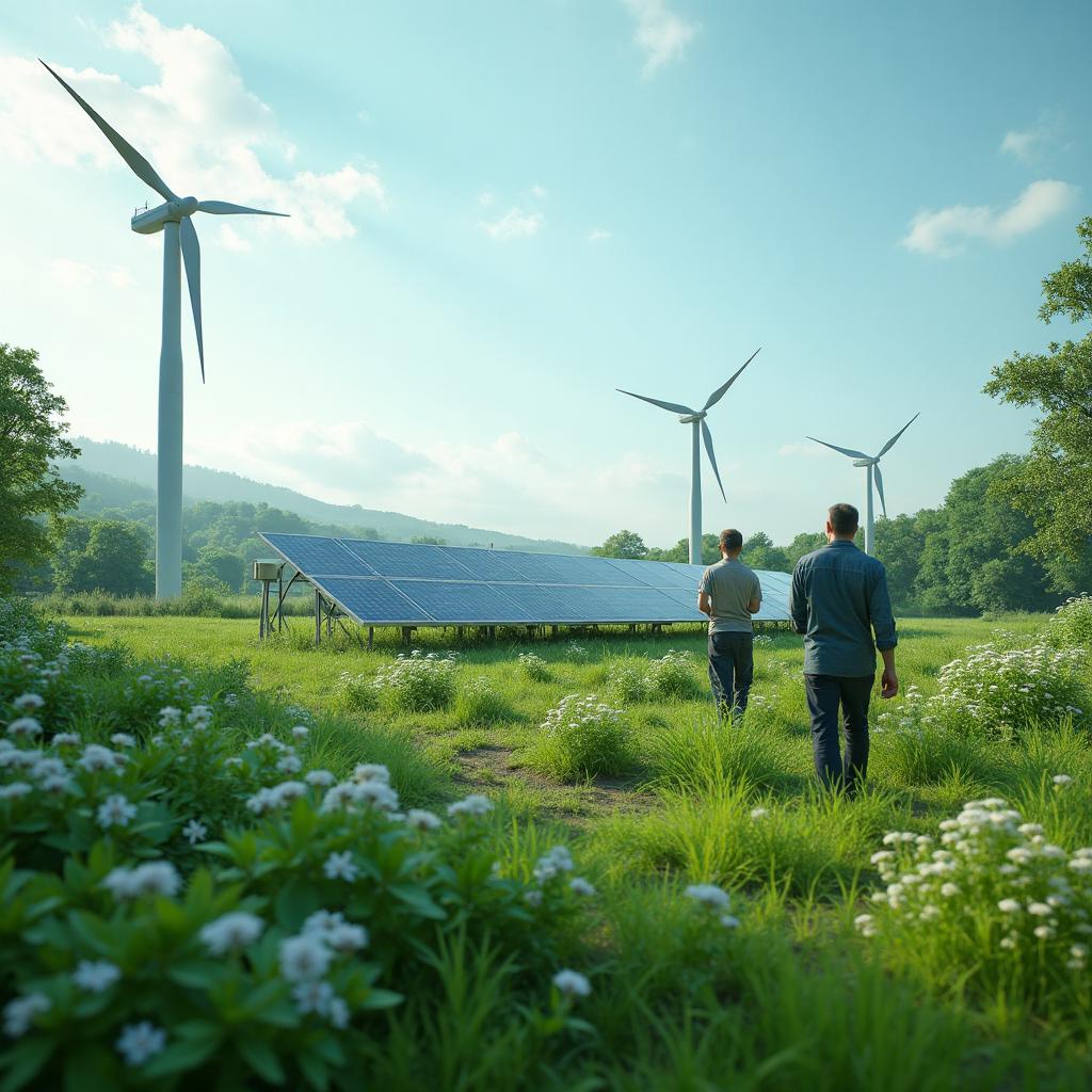 Sustainable green technology with solar panels and wind turbines